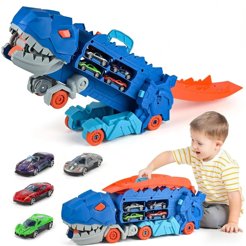 Transforming dinosaur car carrier with racing track