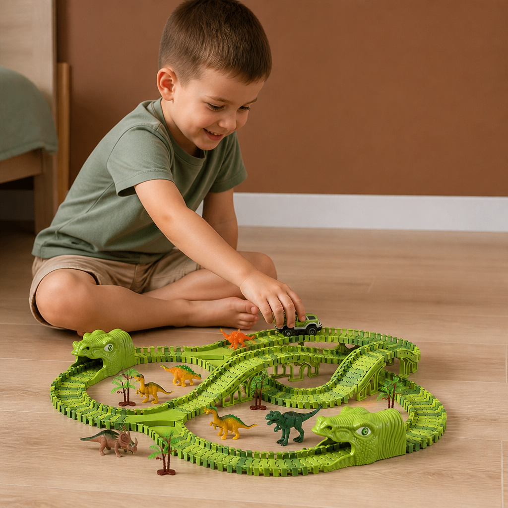 Dinosaur Race Track Set with Flexible Tracks and Motorised Car