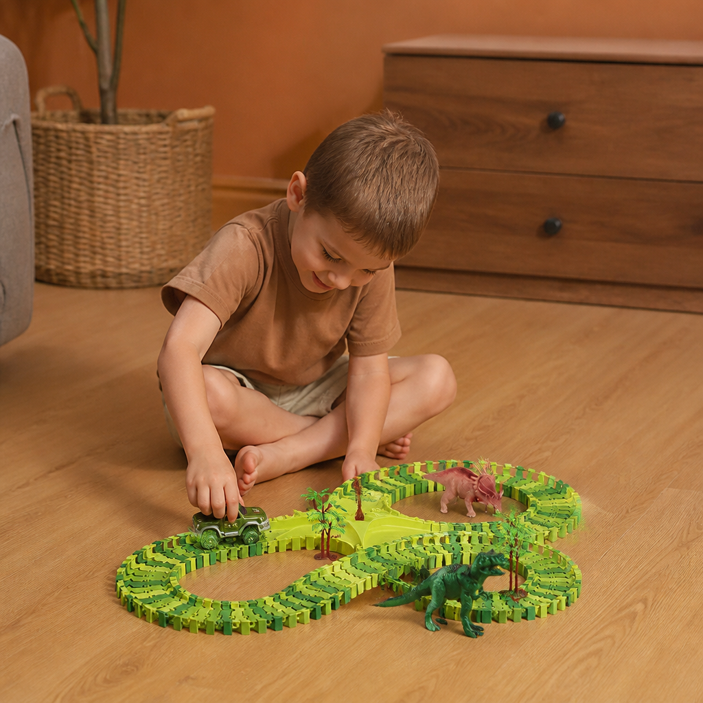 Dinosaur Race Track Set with Flexible Tracks and Motorised Car