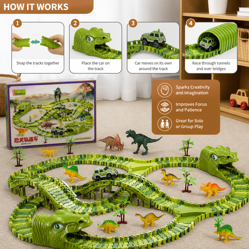Dinosaur Race Track Set with Flexible Tracks and Motorised Car