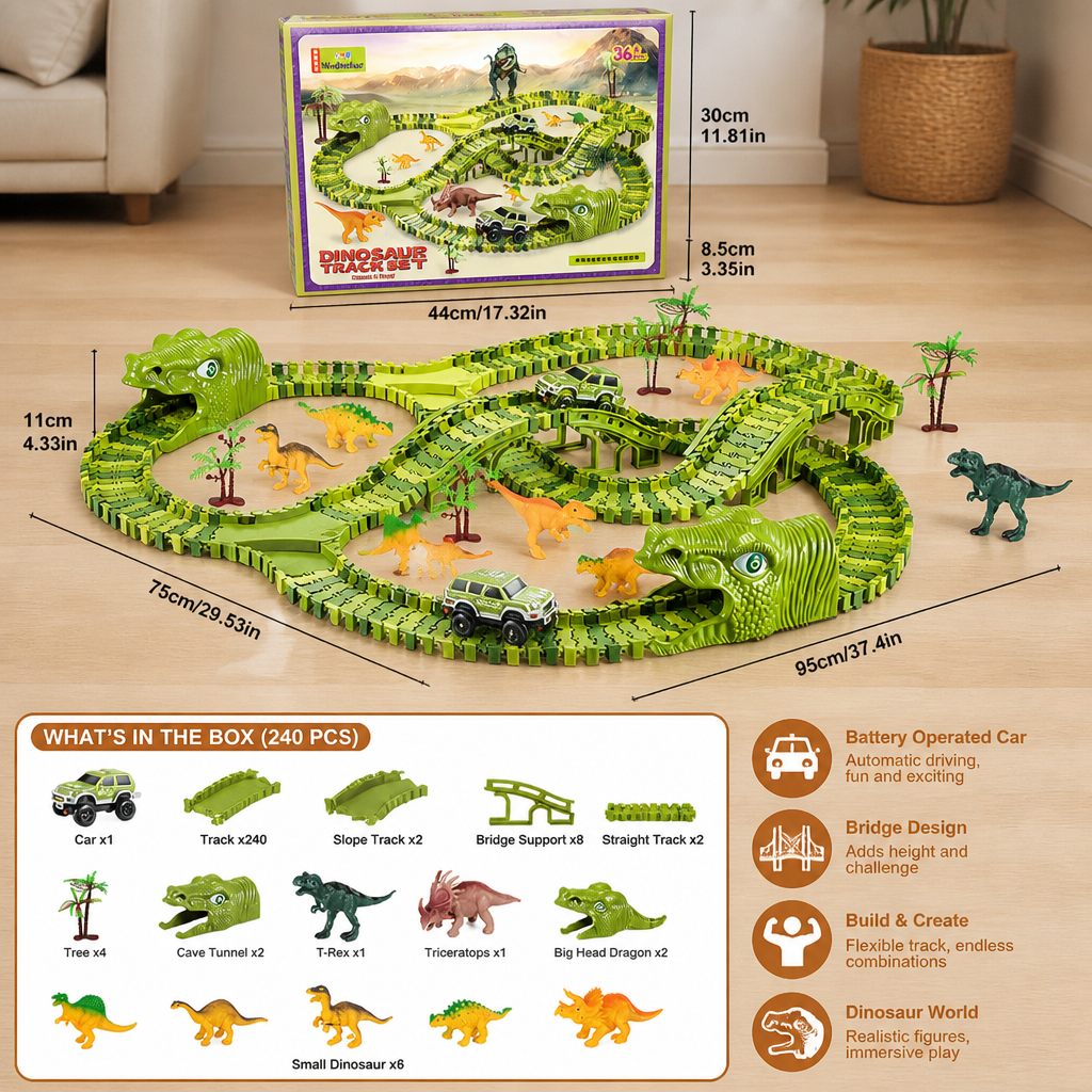 Dinosaur Race Track Set with Flexible Tracks and Motorised Car