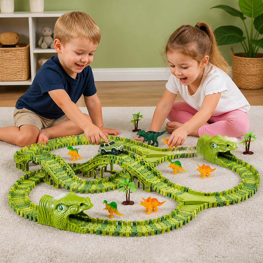 Dinosaur Race Track Set with Flexible Tracks and Motorised Car