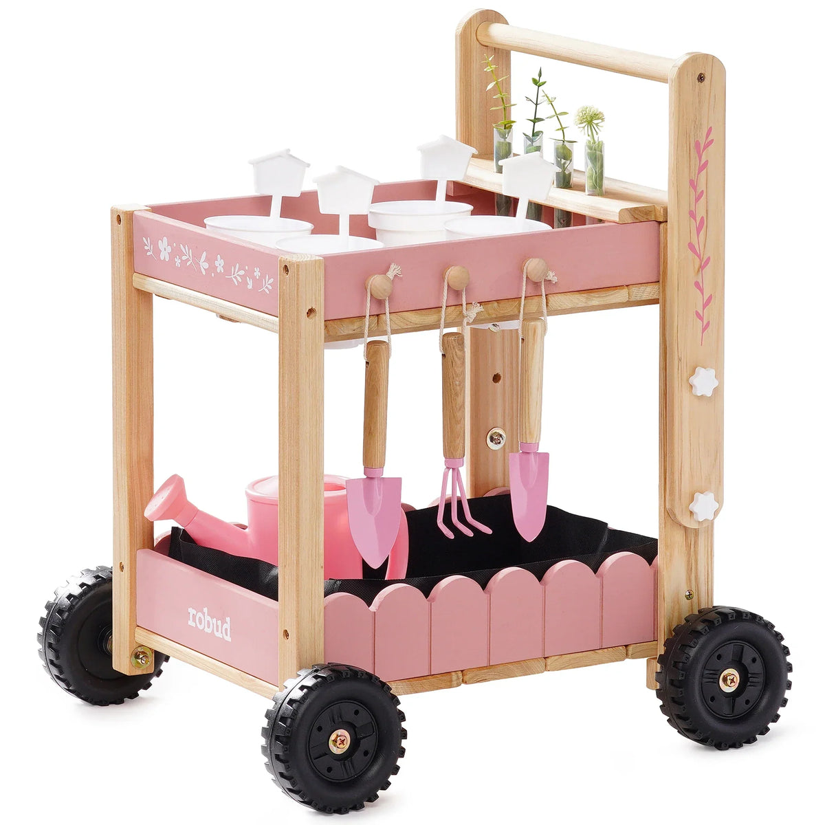 Kids’ Wooden Garden Cart with Adjustable Height, Tools and Planters