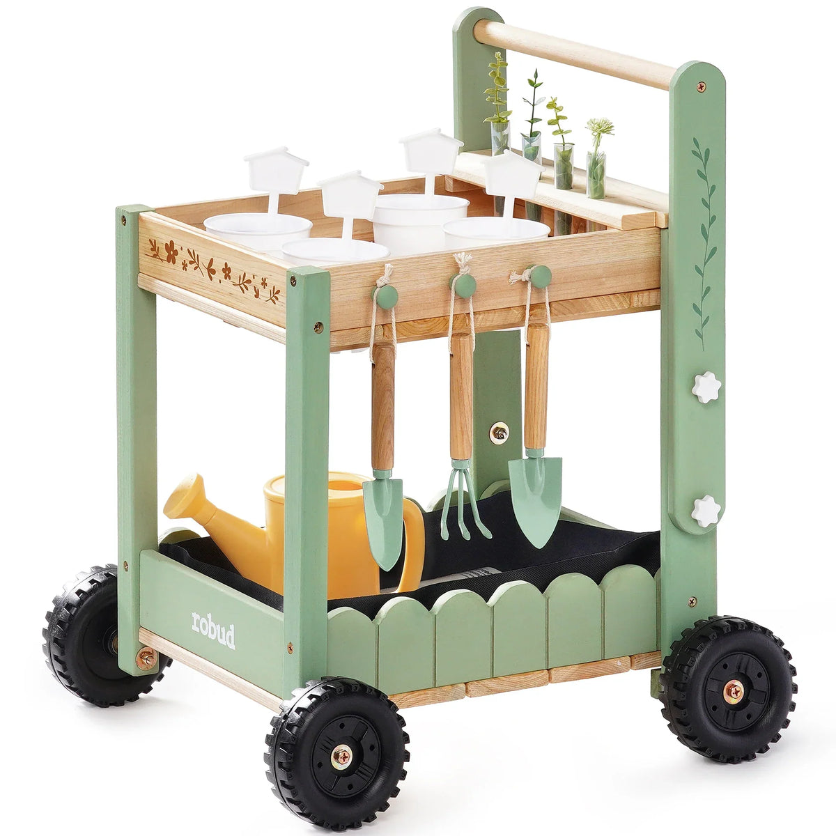 Kids’ Wooden Garden Cart with Adjustable Height, Tools and Planters