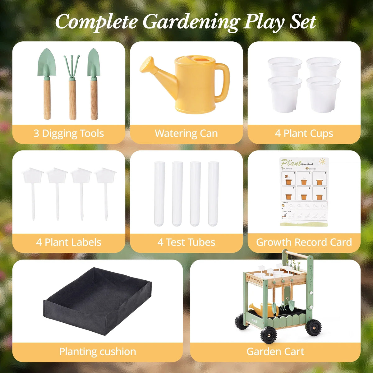 Kids’ Wooden Garden Cart with Adjustable Height, Tools and Planters