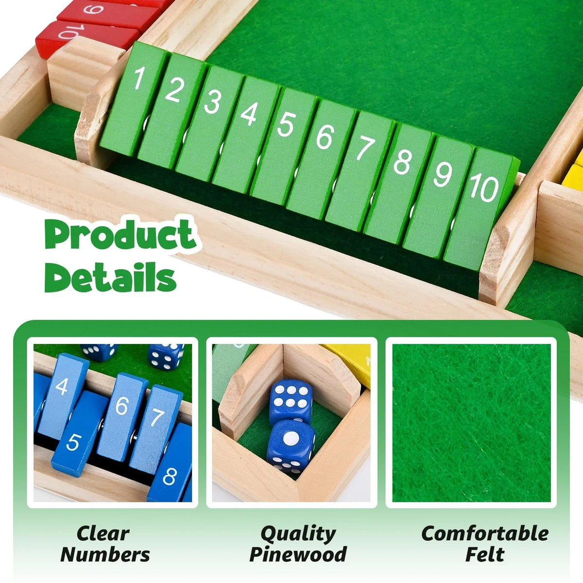 Shut the Box Wooden Dice Game for 2–4 Players