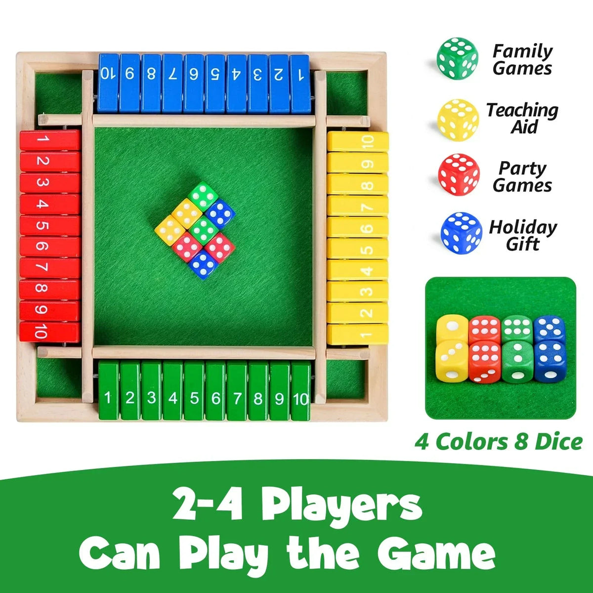 Shut the Box Wooden Dice Game for 2–4 Players