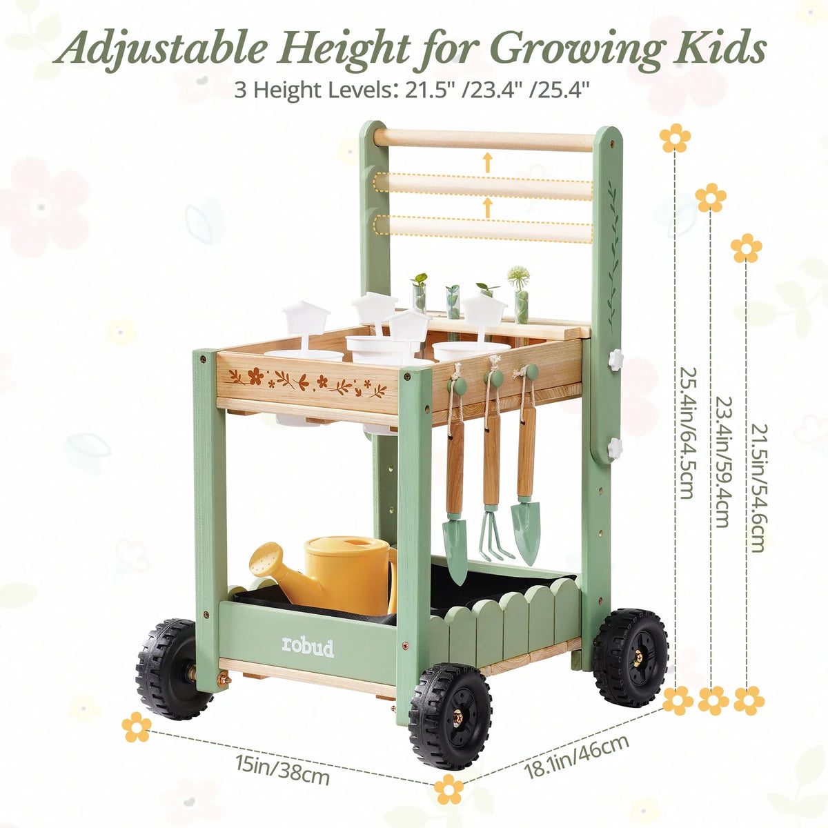 Kids’ Wooden Garden Cart with Adjustable Height, Tools and Planters