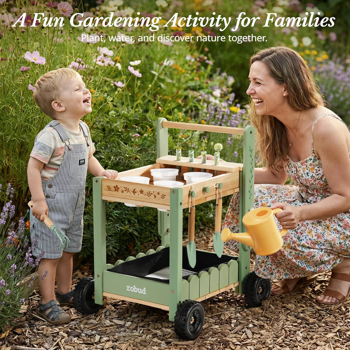 Kids’ Wooden Garden Cart with Adjustable Height, Tools and Planters