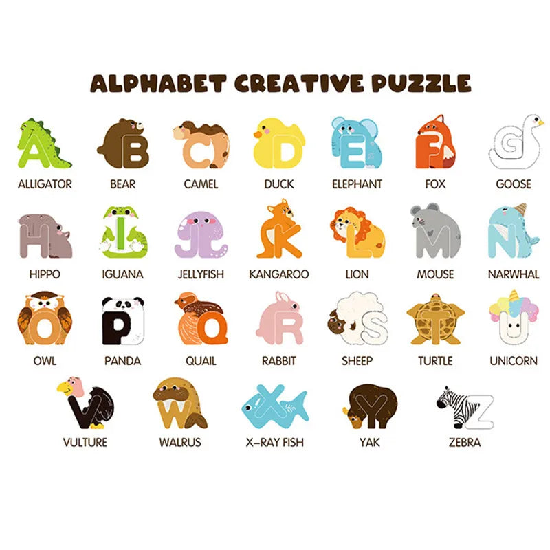 Creative Wooden Alphabet Puzzle with 26 Animal-Shaped Letters