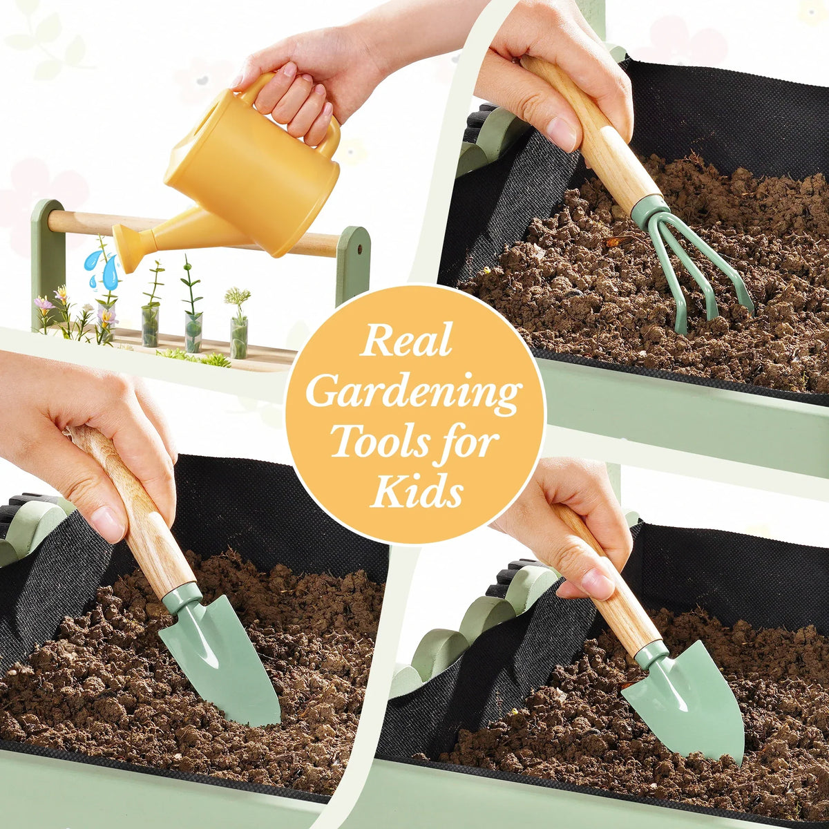 Kids’ Wooden Garden Cart with Adjustable Height, Tools and Planters