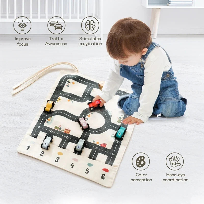 Children’s Traffic Game with Road Map and Wooden Cars