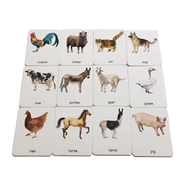Montessori Farm Animal 3-Part Cards with Bamboo Tray
