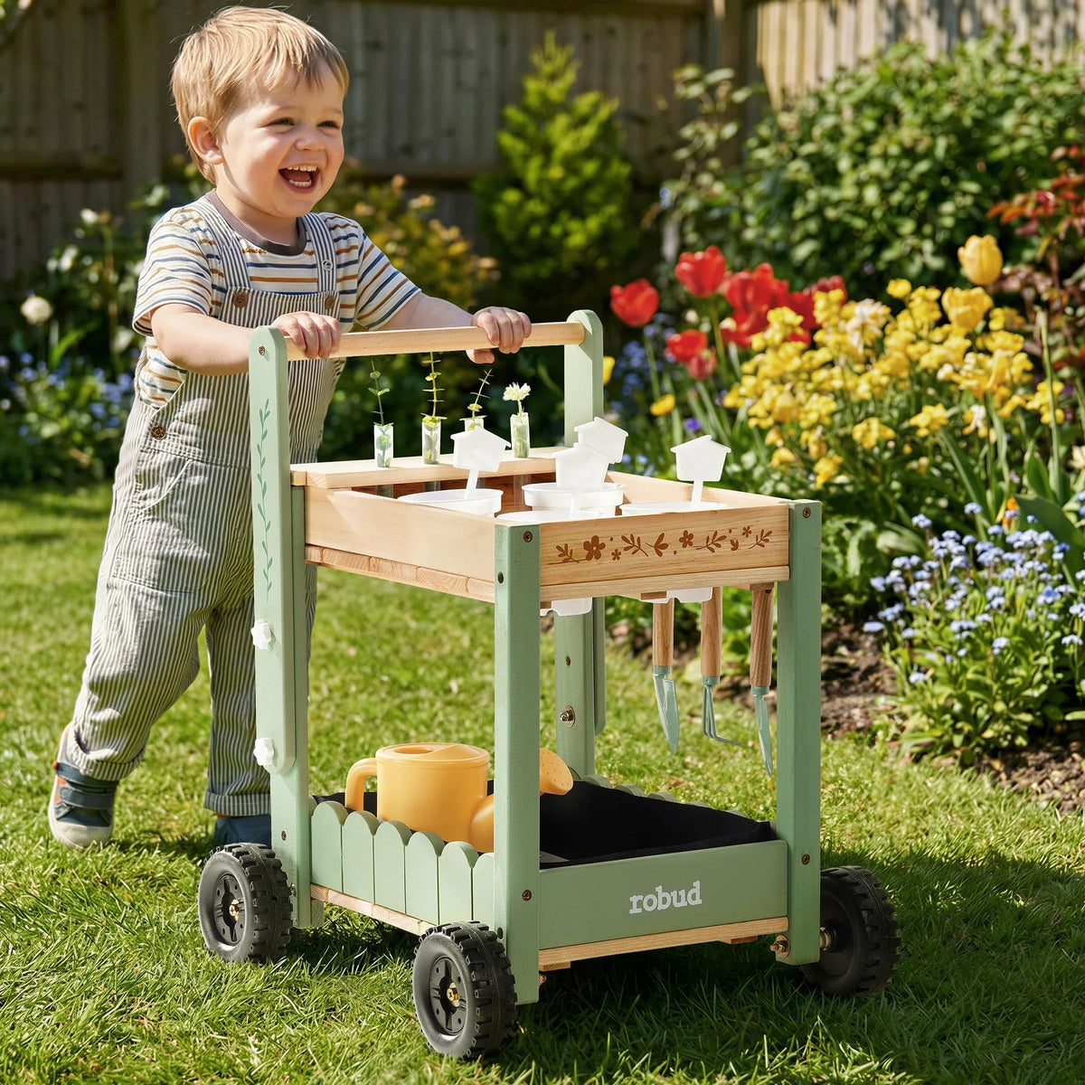 Kids’ Wooden Garden Cart with Adjustable Height, Tools and Planters