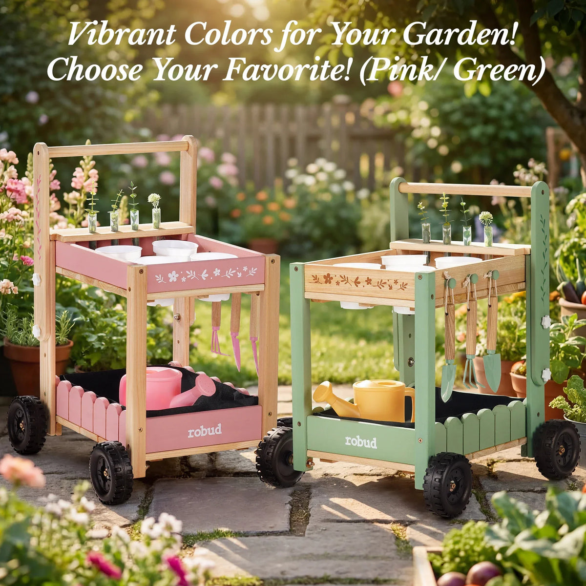 Kids’ Wooden Garden Cart with Adjustable Height, Tools and Planters
