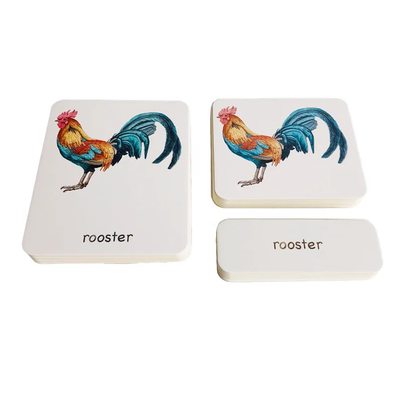 Montessori Farm Animal 3-Part Cards with Bamboo Tray