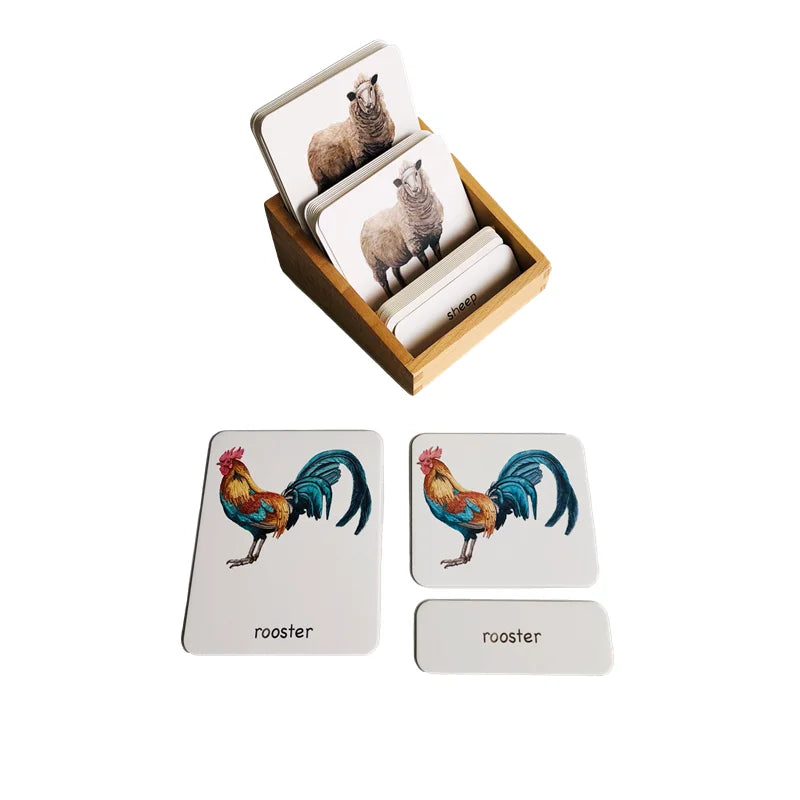 Montessori Farm Animal 3-Part Cards with Bamboo Tray