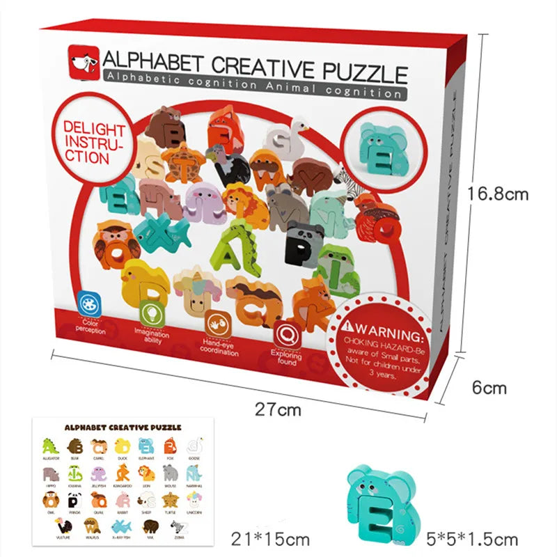 Creative Wooden Alphabet Puzzle with 26 Animal-Shaped Letters