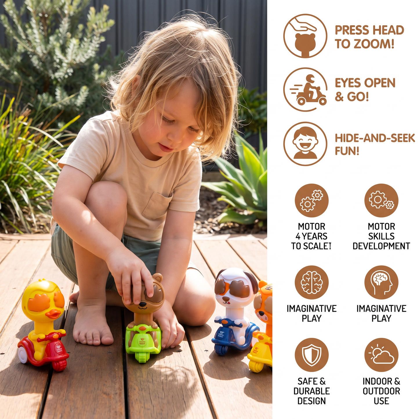 Press-and-go animal motorcycle toy