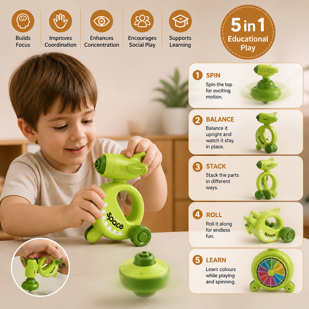 5-in-1 spinning, balancing and stacking activity toy