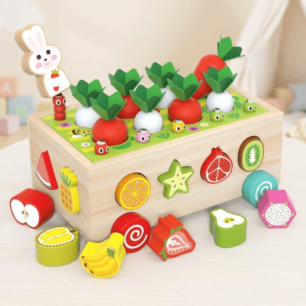 Wooden vegetable sorting game with magnetic pieces