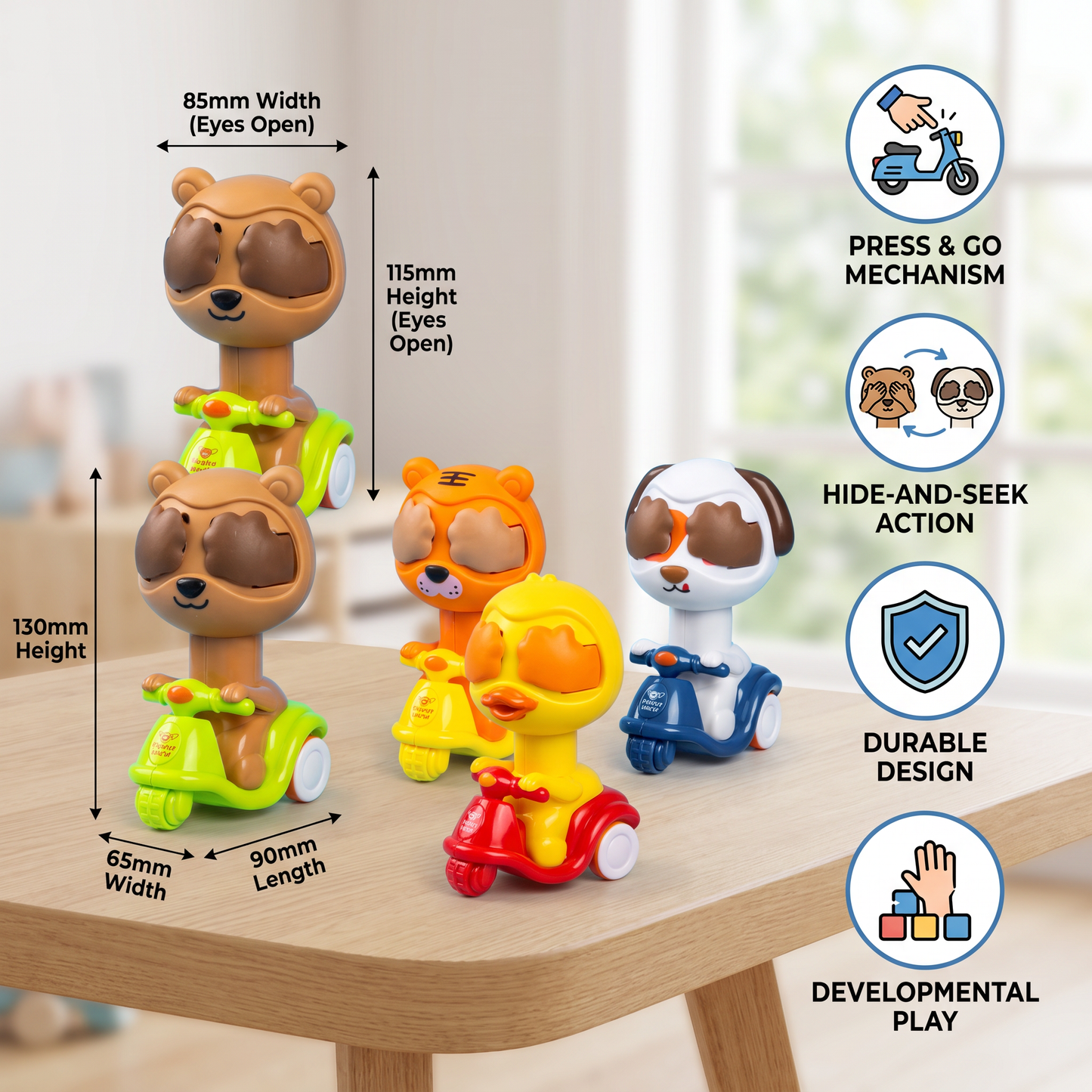 Press-and-go animal motorcycle toy