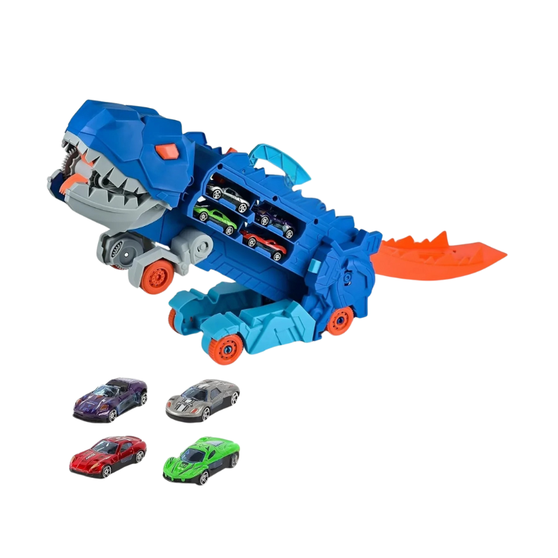 Transforming dinosaur car carrier with racing track